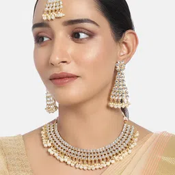 I Jewels White Gold-Plated Kundan & Pearl Embellished Handcrafted Jewellery Set image 1