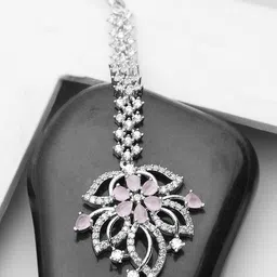 Bhana Fashion Silver-Plated White & Pink AD-Studded Floral  Maangtika-picture-26
