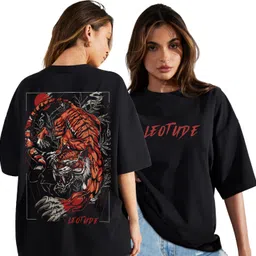 leotude Women Printed, Typography Round Neck Cotton Blend Black T-Shirt image 2
