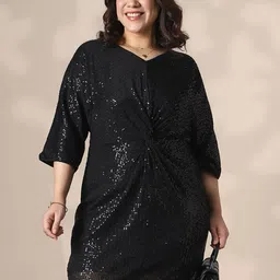Globus Gloplus V-Neck Extended Sleeves Twisted Detail Mini Sheath Plus size Party Dress-picture-21