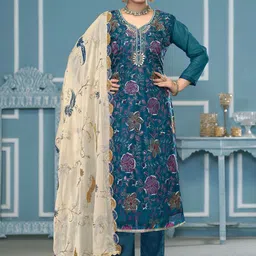 HERE&NOW Floral Embroidered Thread Work Organza Unstitched Dress Material-picture-13