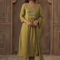 Indo Era Women Green Silk Blend Ethnic Motifs Empire Mirror Work Kurta Trousers & Dupatta-picture-12