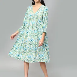 Amagyaa Women Ethnic Motifs Print Puff Sleeve A-Line Midi Dress-picture-35
