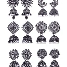 DIVASTRI Set Of 6 Artificial Stones Studded And Beaded Oxidised Dome Shaped Jhumkas-image-19