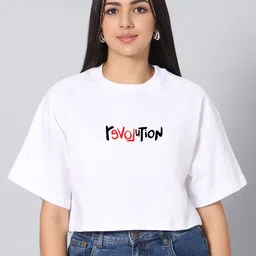 Besick Typography Printed Round Neck Drop-Shoulder Sleeves Cotton Oversized Crop T-shirt image 2