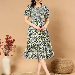 PTVIZE Women Floral Printed Smocked Detailed Fit & Flare Midi Dress-picture-31