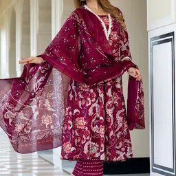 KALINI Women Ethnic Motifs Printed Pure Cotton Anarkali Kurta with Palazzos & Dupatta image 5