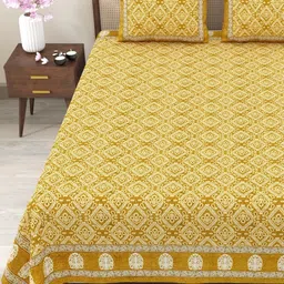 Myntra Elegant Homes Yellow Cotton Floral Print King Size Bedsheet With 2 Pillow Cover-image-80