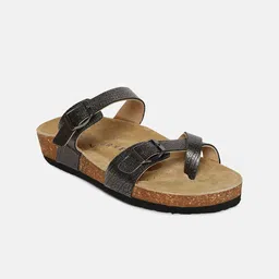 HF JOURNEY Women Leather Textured Open Toe Flats with Buckles image 2