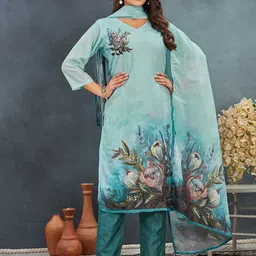 TWINS LADY Floral Printed V-Neck Three-Quarter Sleeves Kurta With Trouser With Dupatta image 3