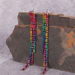 StyleCast Silver-Plated Rhinestone Studded Tasselled Rectangular Shaped Drop Earrings-picture-21