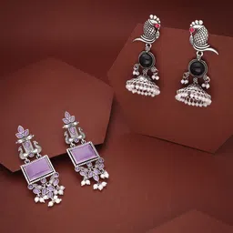 Sangria Set Of 2 Silver-Plated Artificial Stones Studded and Beads Beaded Drop Earrings-picture-18