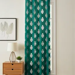 GEET CREATIONS Blue & Gold-Toned Floral Room Darkening Window Eyelet Velvet Curtain-image-17