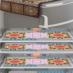 LooMantha 5Pcs  Brown & Orange  Printed Fridge Cover With Side Storage & Fridge Mat-image-34