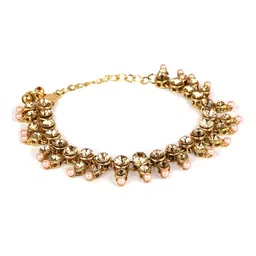 ANIKAS CREATION Set Of 2 Gold-Plated Beige & Peach-Colour Kundan-Studded Beaded Vilandi Anklets image 4