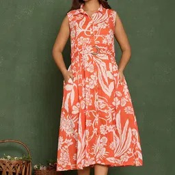 ARAVALII Floral Printed Cotton Fit & Flare Midi Dress image 5
