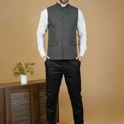 Wintage Men Checked Sleeveless Terry Wool Nehru Jackets-picture-16