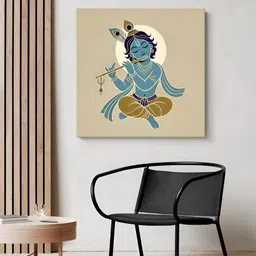 999Store Off White & Blue Baby Krishna Flute Religious Canvas Painting Wall Art-image-55