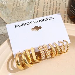 PolluxCraft Set of 5 Korean Gold-Plated Pearls Beaded Contemporary Half Hoop Earrings-picture-12