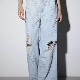 ONLY Women Straight Fit Mid-Rise Highly Distressed Light Fade Embellished Jeans-image-16
