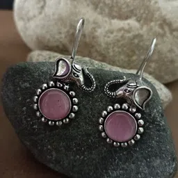 Sanjog German Silver Silver-Plated Stones Studded Circular Shaped Oxidised Drop Earrings image 2