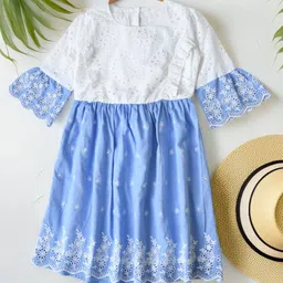 Sangria Girls Floral Embroidered Pure Cotton Three Quarter Sleeve Fit & Flare Dress-picture-23