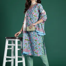 Anouk Women Floral Printed Regular Pure Cotton Kurta with Trousers & Dupatta image 3