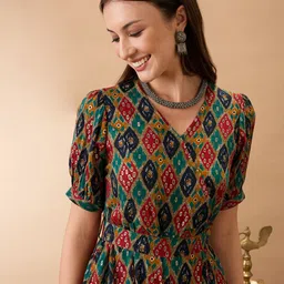 Globus Wrap V-Neck Puff Sleeves Ethnic Motifs Print Flared Wide Leg Fusion Jumpsuit with Belt image 3