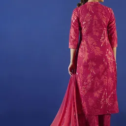 Anouk Floral Printed Mandarin Collar Pure Cotton Straight Kurta With Palazzo And Dupatta image 5