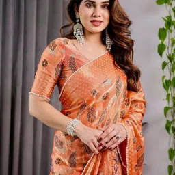 all about you Woven Design Beads and Stones Pure Chiffon Saree image 3