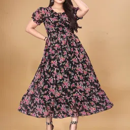 QENA Women Floral Printed Puff Sleeve Fit & Flare Maxi Dress-image-27