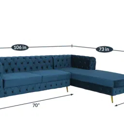 casacraft from pepperfry Ivanka Velvet LHS Sectional Sofa (3+ Lounger) in Teal Blue Colour image 3