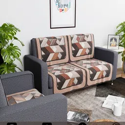 Aura Set of 6 Cream & Brown Printed Velvet 2+1 Seater Sofa Cover image 4