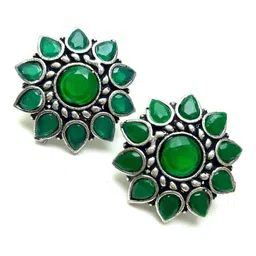 Yash Jewels Emporiums Silver-Plated Artificial Stones Studded Oxidised Floral Shaped Studs-image-53