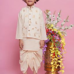 Little Bansi Boys Embroidered Pure Cotton Kurta with Dhoti Pant & Nehru Jacket-picture-8
