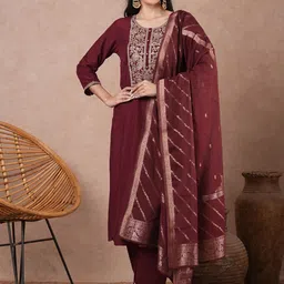 FASHOR Women Ethnic Motifs Embroidered Regular Kurta with Trousers & With Dupatta-image-41