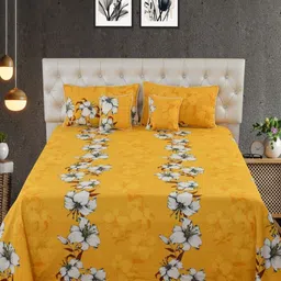 MORADO Mustard & White Printed Cotton Double Bedsheet With 2 Pillow Cover & 2  Filler-image-93
