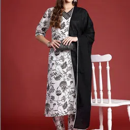 Indo Era Women Floral Printed Regular Thread Work Pure Cotton Kurta with Trousers & With Dupatta image 3