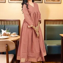 Moda Rapido Woven Design V-Neck Empire Regular Sleeves A-line Kurta With Trousers-image-36