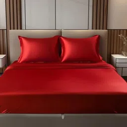 COOLBEDS Red Satin 400 TC Single Fitted Bedsheet With 2 Pillow Covers-picture-36