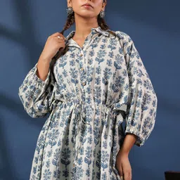 Taavi Handblock Printed Cotton Shirt Collar Neck Kaftan Top image 3