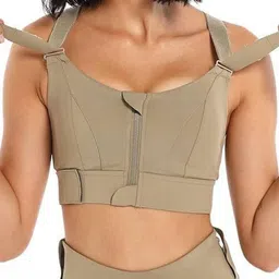BROKE BRAND Women Full Coverage Front Zip Workout Bra with Adjustable Beige Strap image 2