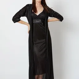OVIDA Women Black Maxi Nighty with Robe Wrap Nightdress-picture-10