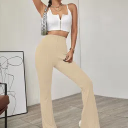 sugathari Women Slim Fit Beige Lycra Blend Trousers image 5