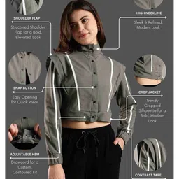 DOMIN8 Women Crop Jacket with Snap Button Closure & Elastic Drawstring Waist image 5