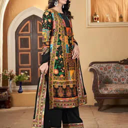 NKV Ethnic Motifs Printed Round Neck Mirror Work Straight Kurta With Palazzo & Dupatta image 3