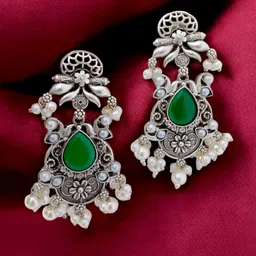 TISHUL JEWELS Silver-Plated Artificial Stones Studded & Beaded Oxidised Drop Earrings-picture-21
