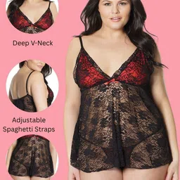 LoveAasan Women Plus Size Sheer Lace Flared Babydoll With Briefs image 2