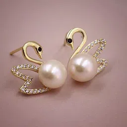 M55 Gold-Plated Zircon Studded & Pearls Contemporary Shaped Swan Studs-picture-36