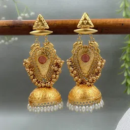 NAMAN ARTS Kavya Gold-Plated Artificial Stones Studded and Beaded Dome Shaped Jhumkas-picture-14